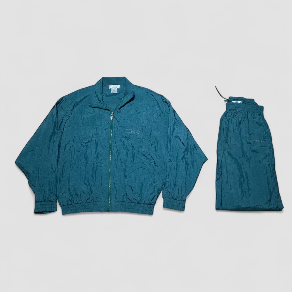 Vintage Wimbledon Emerald Green Windbreaker Track Suit‎ 2 Piece Mens Large